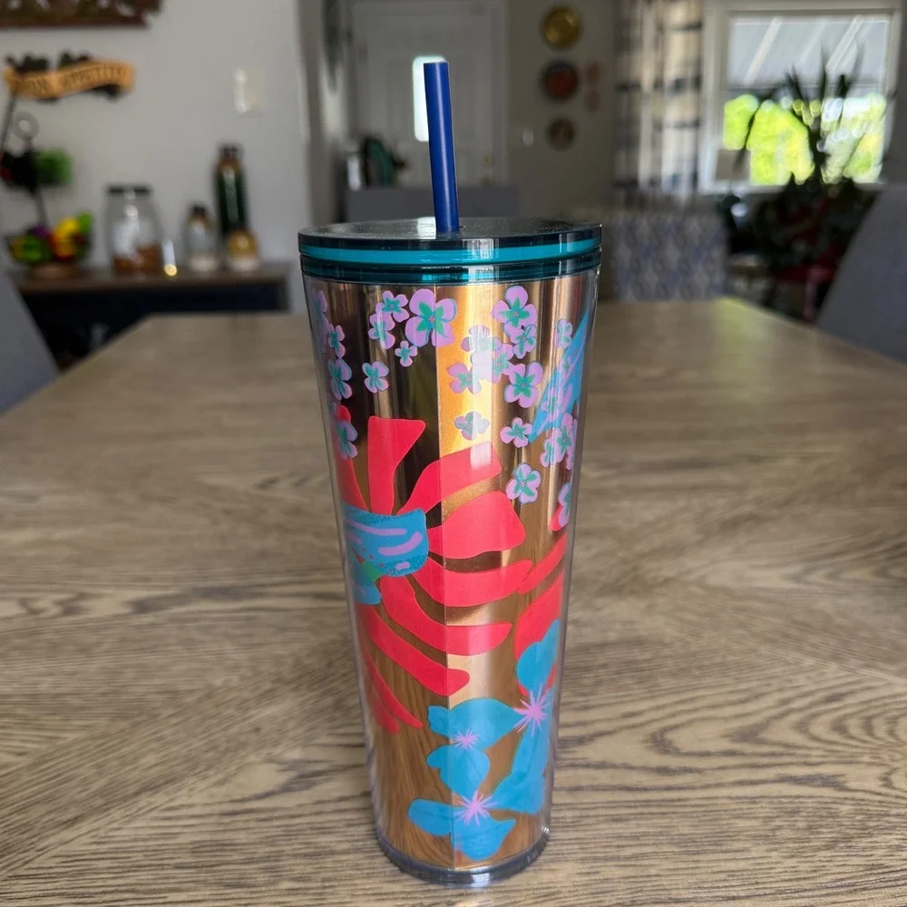 Starbucks Summer 2022 Forest Dream Aqua Terra Floral 24oz Tumbler Cold Cup Straw